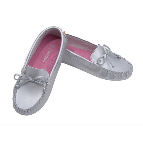 L'Amour Toddler Girls Silver Bow Leather Moccasin 7-10 Toddler - SophiasStyle.com